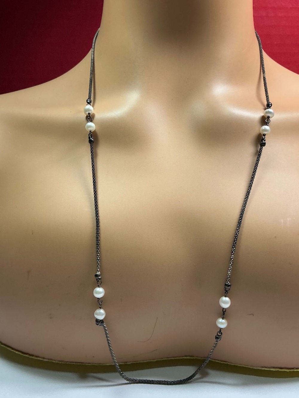 Black Sterling Silver Necklace with Stationed Pearls. 28 inches long